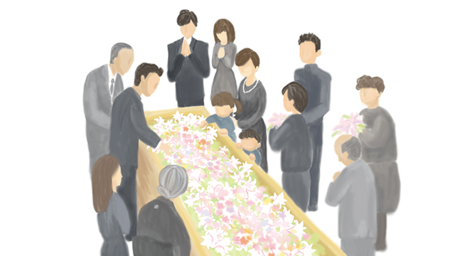 棺に花を入れる参列者のイラスト